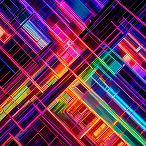 futuristic, artificial intelligence, cyborgs, neon lights, maximalism, technology, circuit boards, hyperrealism, bold colors, typographic design, glitch art