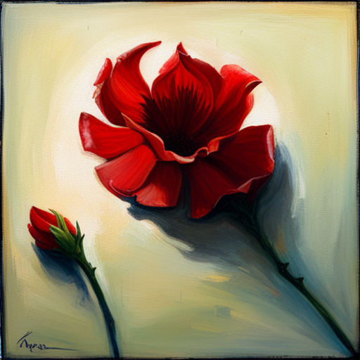 Delicately painted, impressionist, still-life, red petals, emotional symbolism, thorns, fragility, life cycle, warm lighting, chiaroscuro, art nouveau