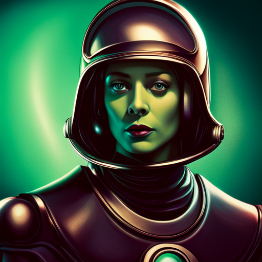 1970's, sci-fi, robot, portrait, studio light, emerald colored background