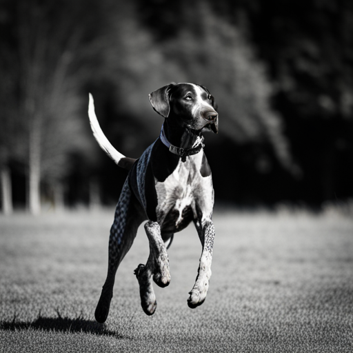 A stunning black and white photograph capturing the energy and grace of a German shorthair pointer running through an open field. The contrast between the deep shadows and brilliant highlights enhances the details of the dog's coat, muscular form, and athletic movement. The composition is perfectly balanced with the dog positioned in the foreground and the rolling hills fading into the distance. The use of depth of field and leading lines creates a sense of depth and vastness in the open space. The overall mood is one of freedom, power, and elegance.