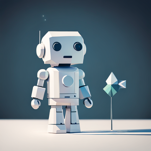 Minimalist geometric robot sculpture, evoke cuteness with simplicity, white space and light sources emphasize low-poly texture