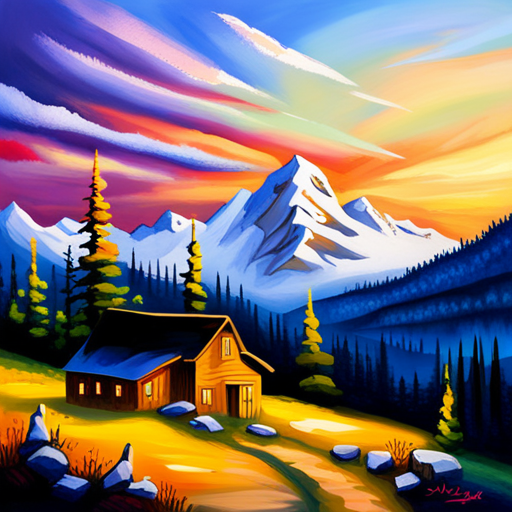 dramatic sunset, sweeping vista, majestic peaks, rugged terrain, alpine glow, natural beauty, cozy cabin, rustic charm, atmospheric perspective, vibrant colors, painterly brushstrokes, tranquil mood, vastness and scale, remote solitude
