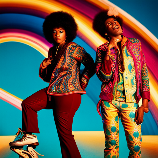 Vintage colors, film grain, retro clothing, disco music, groovy patterns, soft focus, fading light, bokeh, bellbottoms, platform shoes, leisure suits, cassette tapes, record players, funk music, disco balls, roller skates, mood lighting, psychedelic art, peace signs, love beads, flower power, afros, feathered hair