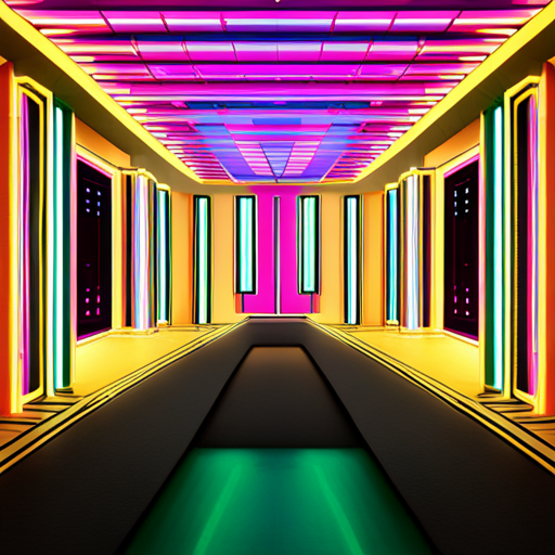 retro-futurism, Wes Anderson, computer hall, neon lighting, geometric shapes, vibrant colors, Art Deco, symmetrical composition