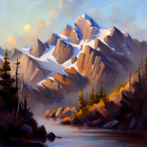 majestic peaks, rugged terrain, atmospheric perspective, muted colors, Impressionism, Hudson River School, light and shadow, texture, naturalism, serenity, grandeur, scale, plein air, rocky outcroppings, dramatic sky, asymmetry, depth, soft brushstrokes, tranquility
