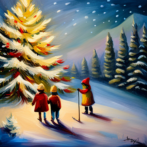 Vintage winter scene, children playing under a Christmas tree, oil painting, traditional art, nostalgia, soft lighting, warm tones, brushstrokes, textured canvas, traditional medium, holiday spirit, snowy landscape, festive atmosphere, cozy vibe