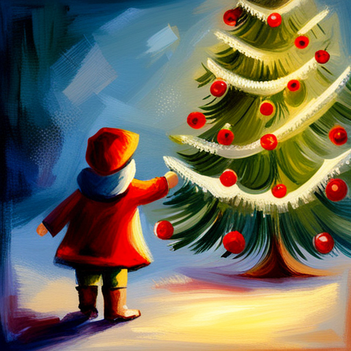 Vintage, oil-painting, Christmas-tree, winter, children, painting, classical, brushstrokes, traditional, warm-colors, light-and-shadow, nostalgic, soft-focus, sentimental, holiday-spirit, Impressionism, canvas-texture