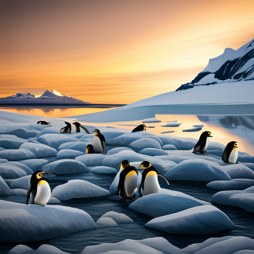 Happy, playful, sliding, Antarctica, Emperor Penguins, sliding tracks, ocean waves, icy landscape
