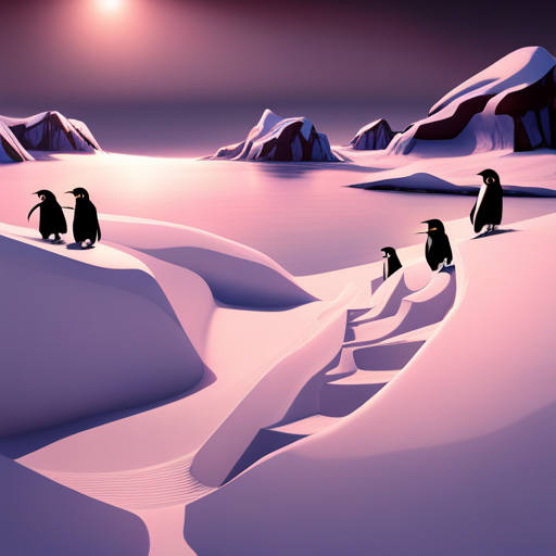 surrealism, winter, playful, sliding, comedy, Arctic waddle, animation, looping, ice, penguins, outdoor games
