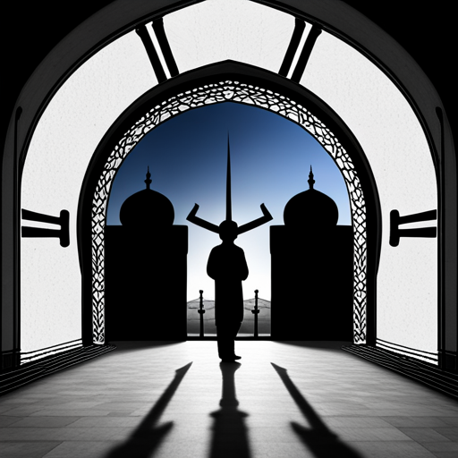 symbolic, masjid, rounded border, border shadow, clock, time, 04:10, caption, 7 minutes walking distance, location, photographic, digital-art