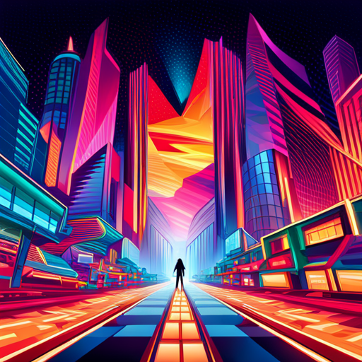 retro-futurism, abstract-expressionism, vector-graphics, techno-culture, digital-imagery, neon-lights, vibrant-colors, cyberspace, geometric-forms, angular-design, fractured-perspective