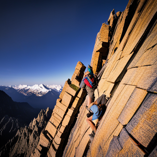 courageous mountain climbers scaling the treacherous craggy peaks, set against a starkly beautiful, shadowy landscape, showcasing an epic vista of jagged peaks, sweeping valleys and soaring skies, with a hint of danger, determination, and human spirit
