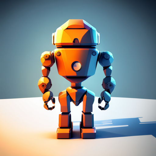 a small, friendly robot rendered in low-poly style with geometric shapes, featuring a front-facing view and a white background