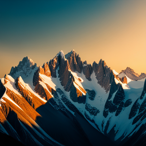 majestic peaks, serene vista, natural beauty, snow-capped mountains, golden hour lighting, rolling hills, alpine trees, rugged terrain, awe-inspiring height, isolated wilderness, distant horizon