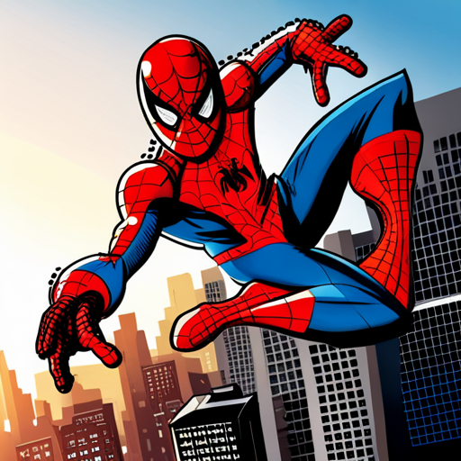 Spiderman, comic book, action, superhero, Marvel, web-slinging, New York City, skyscrapers, red and blue, dynamic poses, web shooters, agility, crime-fighting, mask, spandex suit, Peter Parker, web-swinging, high-flying, urban setting
