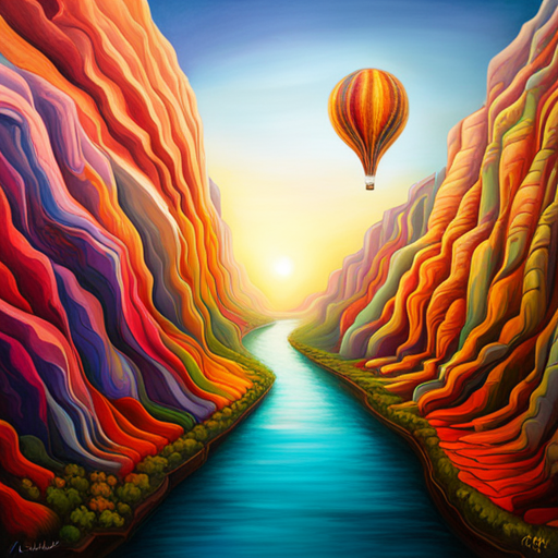 vibrant colors, large scale, dreamlike landscape, whimsical hot air balloon, surreal atmosphere, fantasy elements, imaginative composition, ethereal lighting, fantastical perspective, magical realism, floating sensation, colorful palette, adventurous journey, otherworldly adventure