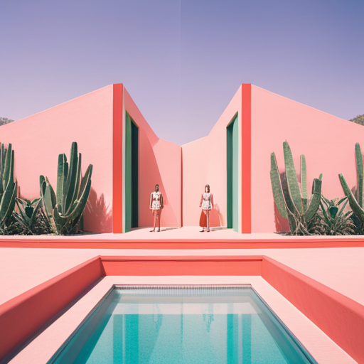 Symmetrical framing, bright colors, whimsical architecture, quirky characters, detailed props, slow motion, vintage vibes, organic textures, yellow tint, whimsical landscape, playful compositions, geometric shapes, pastel tones, surrealism, nostalgia, mid-century modern design