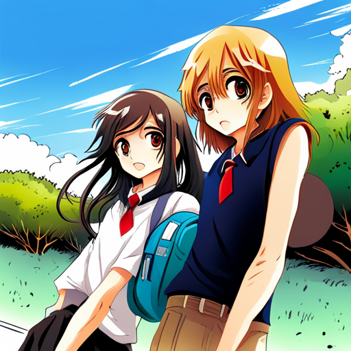 colorful, vibrant, playful, animated, manga, Japanese art, school friends, friendship, youth, dynamic composition, expressive characters, flowing hair, school uniforms, shy girl, boyish boys, contrast, emotional connection, joyful, energetic, lively, manga artist, manga style, school setting, emotive facial expressions, detailed backgrounds, iconic poses, action-packed, adventurous, fun anime