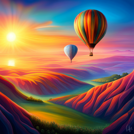 vibrant colors, large scale, dreamlike landscape, whimsical hot air balloon, surreal atmosphere, fantasy elements, imaginative composition, ethereal lighting, fantastical perspective, magical realism, floating sensation, colorful palette, otherworldly adventure