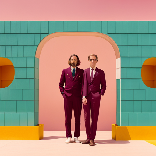 a pastel-toned, whimsical cinematic landscape depicting a future world where advanced AI technology dominates and influences cultural norms, architecture, and transportation. The scenes are dramatically composed with playful geometric shapes, meticulous symmetry, and nods to the visual styles of Wes Anderson and other iconic directors. The futuristic world is presented in a both a utopian and dystopian light, with contrasting moods of wonder, curiosity, and foreboding. The imagery is filled with optical illusions, eye-catching patterns, and thought-provoking symbolism that is sure to captivate and intrigue any viewer.
