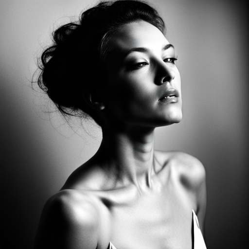 feminine strength, gracefulness, portrait, black and white, soft lighting, emotional expression, beauty, empowerment, contemporary, contrast, delicate features, monochrome, dramatic shadows, timeless elegance, chiaroscuro, Renaissance influence, ethereal mood, fine art, texture, simplicity