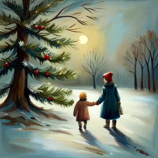 vintage, oil, impressionism, muted colors, texture, palette knife, thick brushstrokes, landscape, nature, nostalgic, romantic, soft lighting, French art, 19th century, outdoor scene, plein air, color harmony, atmosphere, brushwork, impasto, naturalism, tranquility, rustic charm, scenic beauty, capturing light, vintage charm, Winter Children under a Christmas Tree Painting, classic