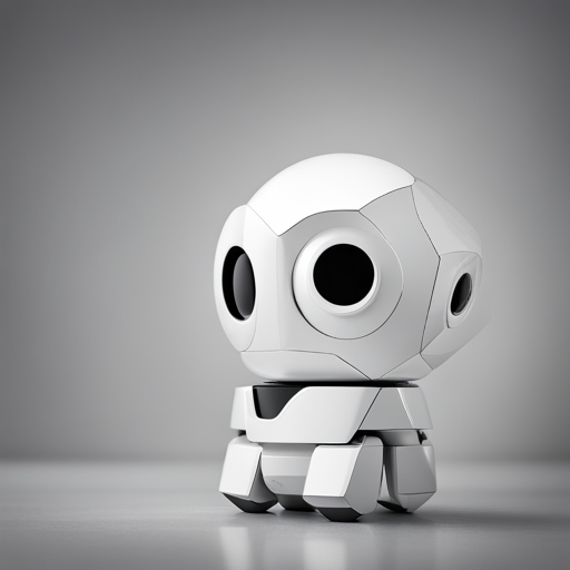 Minimalist, geometric robot sculpture, cuteness with simplicity, features cute geometric shapes, white space and light sources emphasize low-poly texture