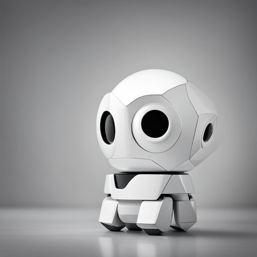 Tiny robot with front-facing perspective, featuring cute geometric shapes in a clean white digital-art background