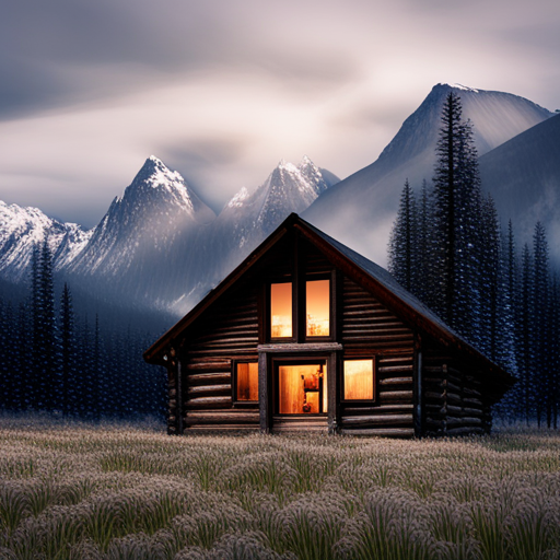 majestic, serene, landscape, peaceful, remote, solitude, cozy, rustic, wooden, cabin, mountains, nature, escape, retreat, tranquility, forest, trees, snow-capped, peaks, scenic enhance digital-art, photographic, artist names, impressionism, romanticism, Baroque, chiaroscuro lighting, rule of thirds composition, earth tones, soft and smooth textures, acrylic medium, brushstroke techniques, landscape subject matter, calm and contemplative mood, aerial perspective, flowing movement, cultural influences, large scale, natural materials, framed presentation, geometric shapes, bold and dynamic line quality, symbolism of nature, negative space, modern time period, high level of detail, Impressionist and Romantic artistic influences, capturing the essence of tranquility and serenity