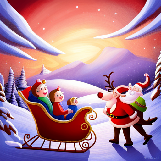reindeer, santa, delivering presents, magical, whimsical, Christmas, holiday, winter, nighttime, glowing, aurora borealis, snow-covered landscape, sleigh, chimney, starry sky, enchanted, mythical creatures, flying, joyful, gift-giving, festive