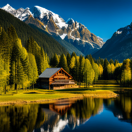 majestic, serene, landscape, peaceful, remote, solitude, cozy, rustic, wooden cabin, mountains, nature, escape, retreat, tranquility, forest, trees, snow-capped peaks, scenic enhance