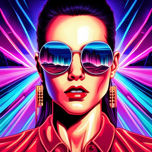 glitchy, neon, cyberpunk, distorted, futuristic, augmented reality, metallic accents, electric, rave culture, biomechanical, reflection, high-tech eyewear, fire-inspired fashion, radial symmetry, burnt orange, mirrored lenses, UV protection, industrial chic, multidimensional shapes