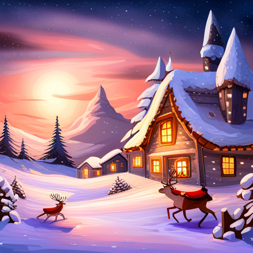 reindeer, santa, delivering presents, magical, whimsical, Christmas, holiday, winter, nighttime, glowing, aurora borealis, snow-covered landscape, sleigh, chimney, starry sky, enchanted, mythical creatures, flying, joyful, gift-giving, festive