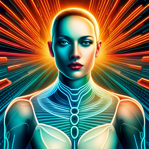 neon lights, futuristic technology, humanoid AI, coding, glitch art, machine learning, cyber culture, virtual reality, code generation, data visualization, algorithmic art