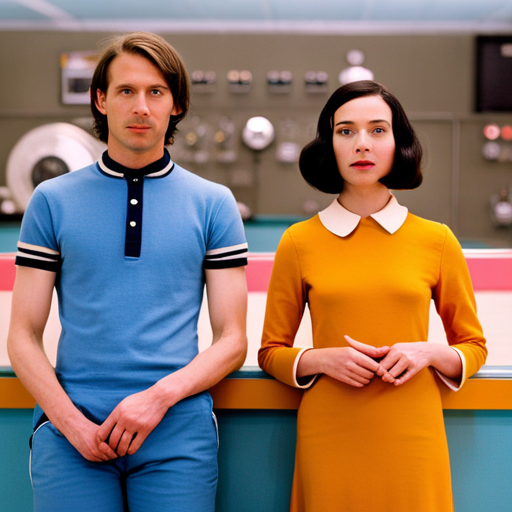 Whimsical, nostalgic, pastel colors, meticulously designed sets, symmetric compositions, quirky characters, stylized dialogue, retro technology, vintage clothing, mid-century modern furniture, melancholic atmosphere, introspection, artificial intelligence, futuristic love story