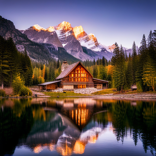 majestic, serene, landscape, peaceful, remote, solitude, cozy, rustic, wooden, cabin, mountains, nature, escape, retreat, tranquility, forest, trees, snow-capped peaks, scenic, enhance, digital art