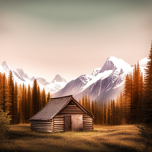 majestic, serene, landscape, peaceful, remote, solitude, cozy, rustic, wooden, cabin, mountains, nature, escape, retreat, tranquility, forest, trees, snow-capped peaks, scenic, enhance, digital art