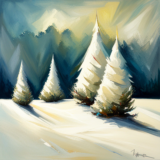 four Christmas tree, white background textured canva, oil vintage