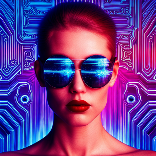 glitchy, neon, cyberpunk, futuristic, augmented reality, metallic accents, sunglasses, Burning Man, retrofuturistic, post-apocalyptic, dystopian, rave culture, distortion, reflection, fusion, biomechanical, electric, High-tech eyewear, Fire-inspired fashion, Futuristic festival, Radial symmetry, Burnt orange, UV protection, Industrial chic, Multidimensional shapes