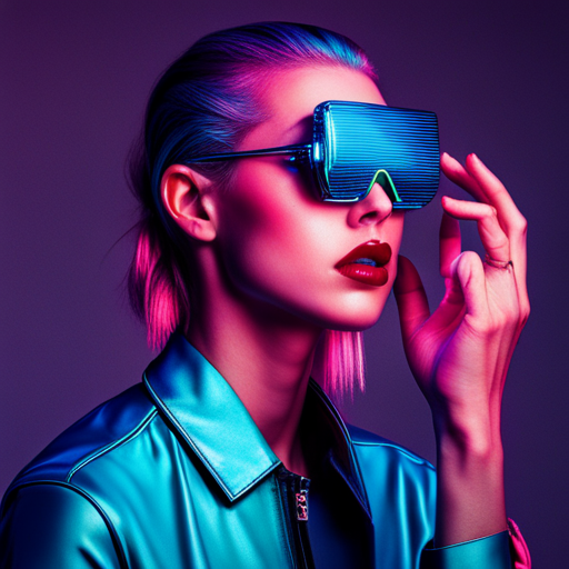 cyberpunk, neon lights, dystopian future, desert wasteland, post-apocalyptic, fashion accessory, reflection, utility, UV protection, surreal, bold colors, angular shapes, high contrast, rugged materials, futuristic design