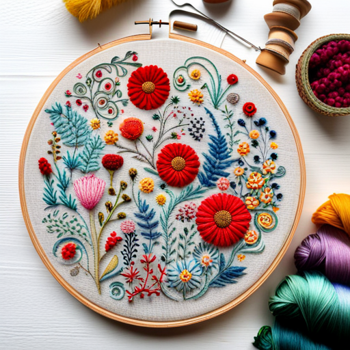 wildflower meadow, embroidery pattern, intricate details, vibrant colors, floral arrangement, stitching technique, botanical artwork, textured background, organic shapes, delicate petals, creative composition, handcrafted beauty