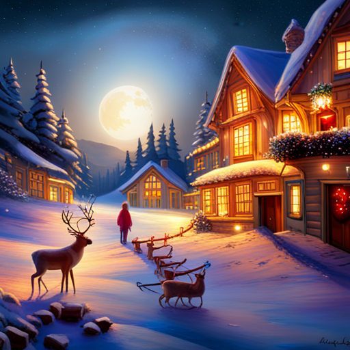 reindeer, santa, delivering presents, magical, whimsical, holiday, Christmas, winter wonderland, sleigh, chimney, glowing, nighttime, stars, snowflakes, cozy, joyful, festive, red and green, snowy landscape, mystical, enchanted, mythical creatures, holiday spirit, jolly, anticipation, magical journey