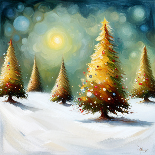 four Christmas tree, white background, textured canvas, oil, vintage