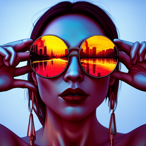 glitchy, cyberpunk, futuristic, augmented reality, metallic accents, Burning Man, post-apocalyptic, rave culture, biomechanical, High-tech eyewear, Fire-inspired fashion, Radial symmetry, UV protection, Multidimensional shapes, distortion, fusion, electric