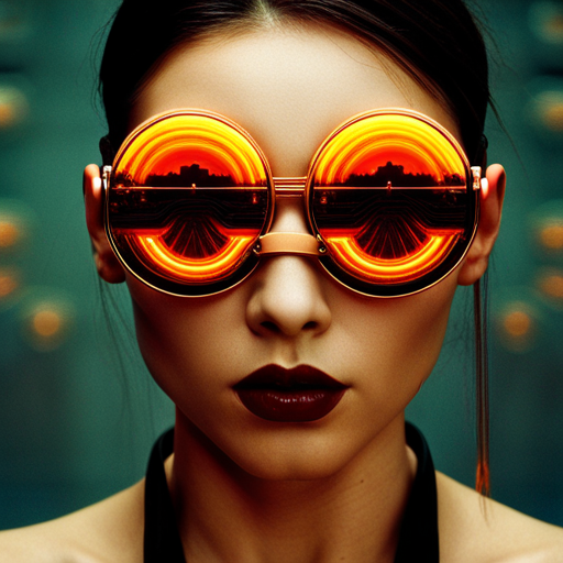 glitchy, cyberpunk, futuristic, augmented reality, metallic accents, Burning Man, post-apocalyptic, dystopian, rave culture, biomechanical, distortion, reflection, fusion, electric, High-tech eyewear, Fire-inspired fashion, Futuristic festival, Radial symmetry, Burnt orange, UV protection, Industrial chic, Multidimensional shapes