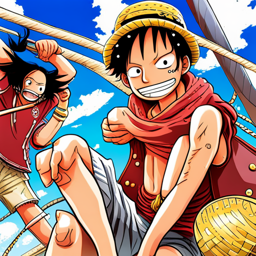 one piece characters, manga, anime, shonen, adventure, action, fantasy, vibrant colors, dynamic composition, exaggerated proportions, iconic character designs, epic battles, pirate theme, naval warfare, devil fruits, rubber powers, straw hat crew, grand line, pirate king, treasure hunt, camaraderie, friendship, dreams, determination