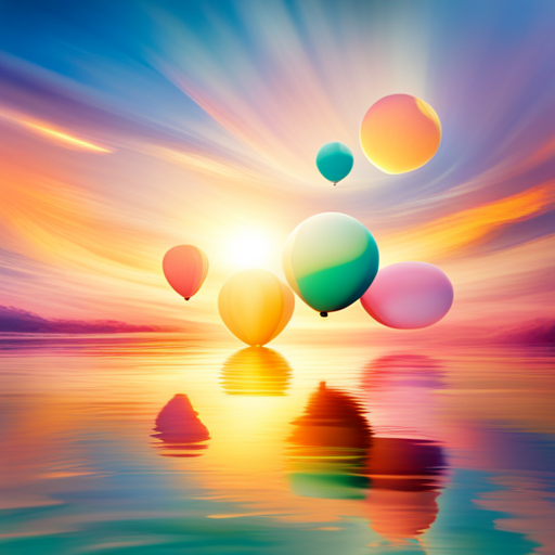 colorful-balloons, floating in the sky, vibrant, joyful, celebration, party, whimsical, surreal, dreamlike, fantasy, fantasy-art, soft pastel colors, playful, cheerful, movement, organic shapes, transparent, light, shadows