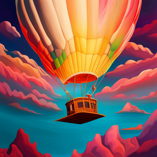 vibrant colors, large scale, dreamlike landscape, whimsical hot air balloon, surreal atmosphere, fantasy elements, imaginative composition, ethereal lighting, fantastical perspective, magical realism, floating sensation, colorful palette, adventurous journey, otherworldly adventure