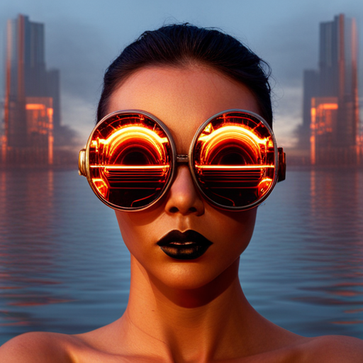 glitchy, cyberpunk, futuristic, augmented reality, metallic accents, edgy, sunglasses, Burning Man, neon lights, retrofuturistic, post-apocalyptic, rave culture, distortion, reflection, fusion, biomechanical, electric, High-tech eyewear, Fire-inspired fashion, Futuristic festival, Radial symmetry, Burnt orange, Mirrored lenses, UV protection, Industrial chic, Multidimensional shapes