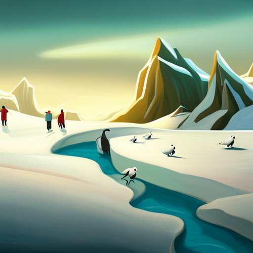 surrealism, winter wonderland, playful penguins, graphical style, Arctic animals, looping animation, sliding, comedy
